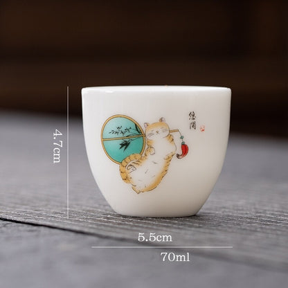 One Cup Fat Mutton Jade Porcelain Tea Cup Love Cat Print Kungfu Tea Cup 70ml New