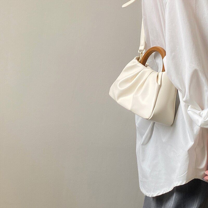 Women Shoulder Bags Wood Handle Leather Handbags Ladies Tote Crossbody Bag Shell