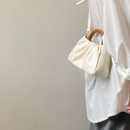 Women Shoulder Bags Wood Handle Leather Handbags Ladies Tote Crossbody Bag Shell