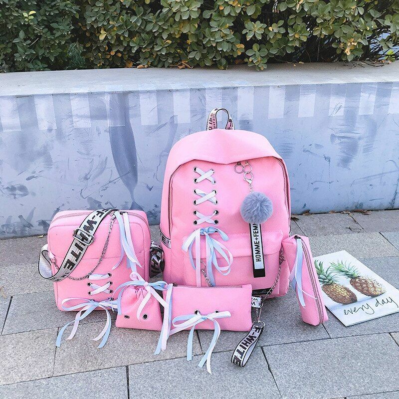 Students Backpack 5 pcs/set Ribbon Chain Girl Laptop School Bags Bookbag Oxford