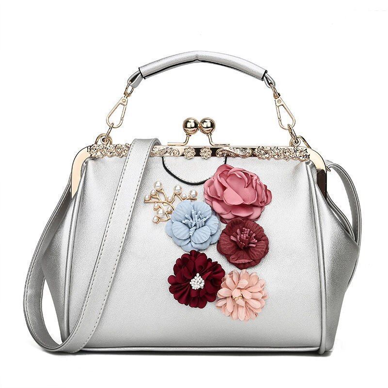 Vintage Flowers Two Straps Shell Lock Bag Synthetic Leather Tote Handbag Purses