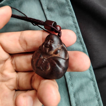 Indonesian Agarwood Maitreya Pendant Carved Buddha Amulet Necklace Hand Piece