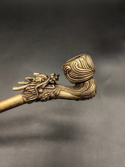 8.8"IN Chinese Collectible Hand-Carved Dragon Head Retro brass Tobacco Pipe