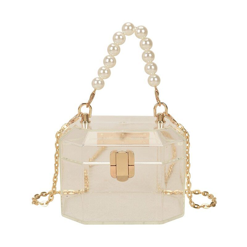 Box Handbags Women Pearl Beads Decor Lock Chain Shoulder Bag Purses Bag