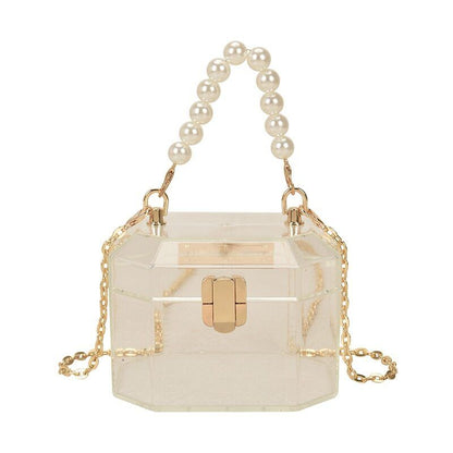 Box Handbags Women Pearl Beads Decor Lock Chain Shoulder Bag Purses Bag
