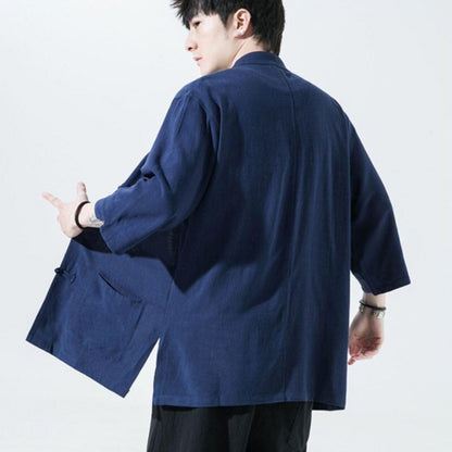 Chinese Tang Suit Men Retro Half Sleeve Shirt Kung Fu Tai Chi Jacket Hanfu Top