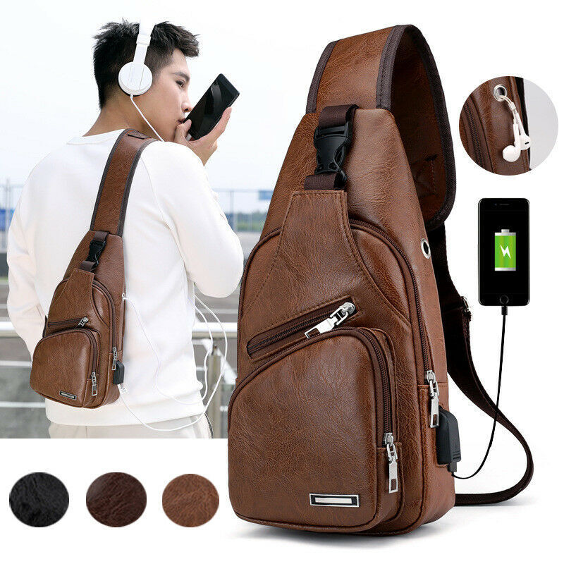 New Men's Leather Sling Pack Chest Shoulder Crossbody Bag Backpack Biker Satchel