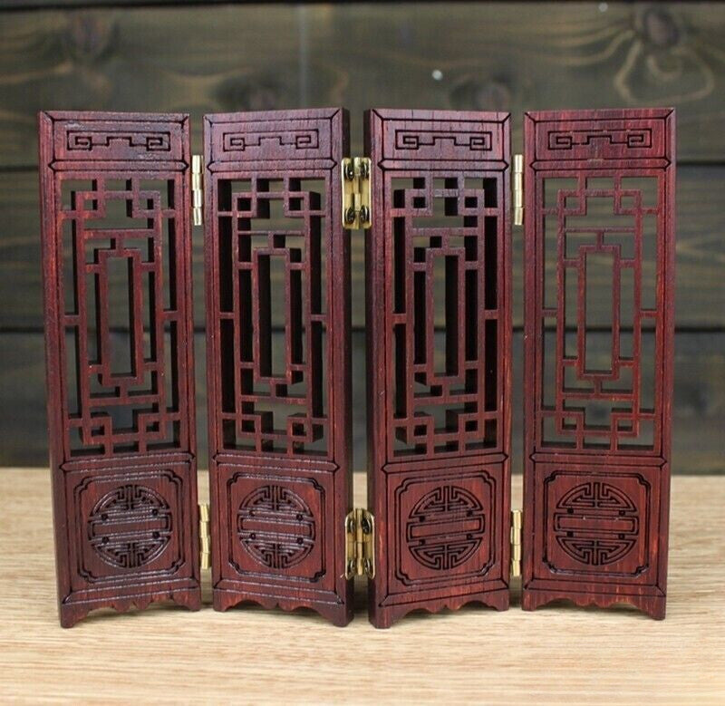 Wood Carved Chinese Folding Screen Lacquer Miniature Furniture 4 Panel Decor