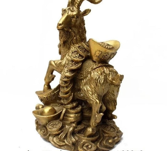 Chinese Brass Copper Auspicious Fengshui Wealth Money Yuanbao Sheep Goat Statue
