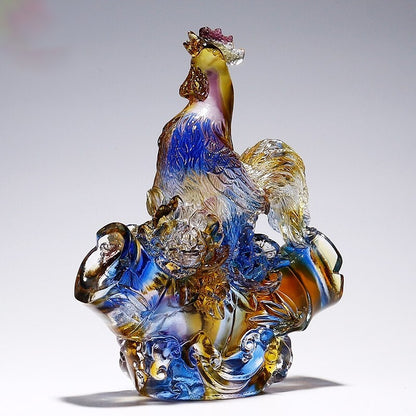 Chinese Liu Li Crystal Glass Rooster Statue Feng Shui Ornament Decor