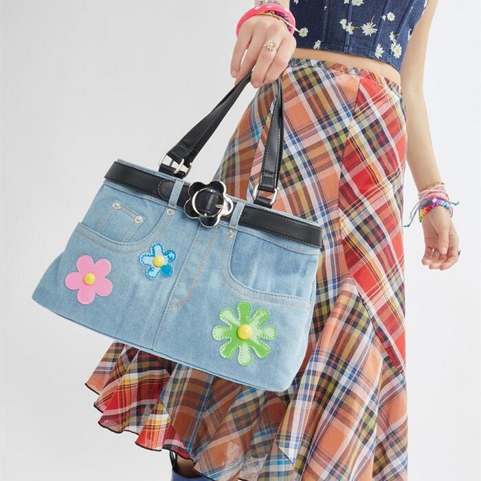 Women Retro Fashion Denim Handbag Shoulder Bag Flower Personality Versatile Bag