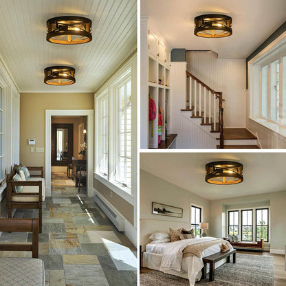 Farmhouse Ceiling Light, 2-Light round Flush Mount Ceiling Light with Wood and M