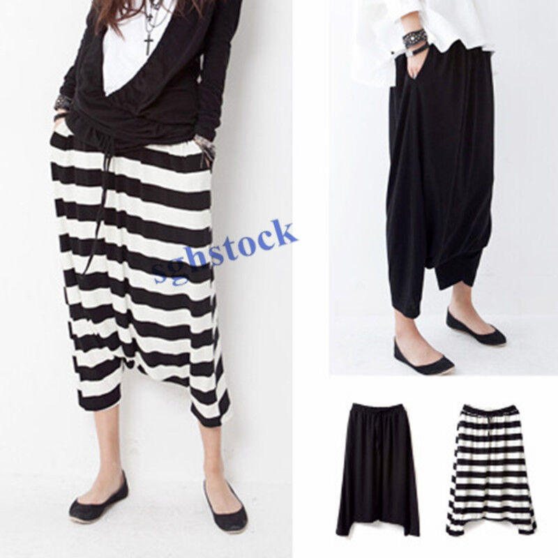 Women Striped Harem Pants New Casual Baggy Low Drop Crotch Trousers Rock Loose