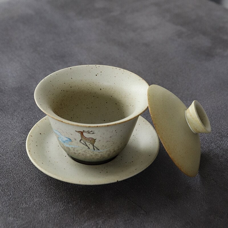 Ceramic Gaiwan Teacup Deer Chinese Tea Sets Drinkware 150ml
