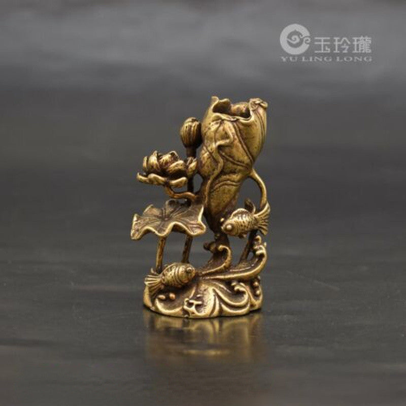Collection Chinese Tea Ceremony Bronze Pet Solid Brass Carving Lotus Leaf Fish
