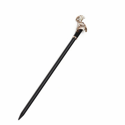 Chinese Ebony Wood Jade Garnet Ginkgo Leaf Hairpin Tibetan Hair Clip