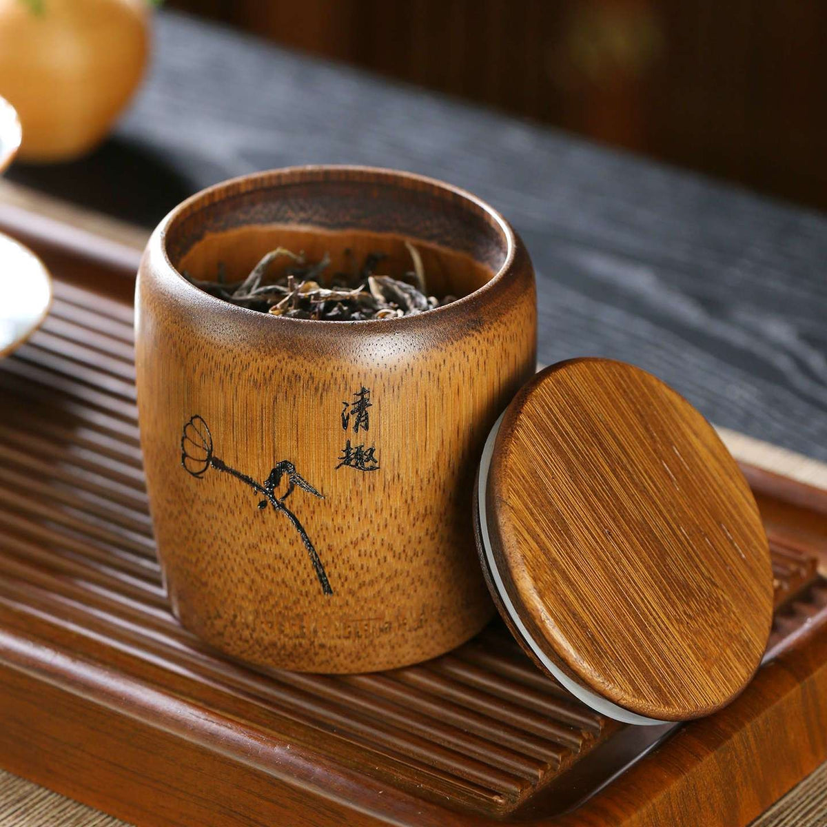 Bamboo Tea Canister 10.5cm Hand Carved Lotus Airtight Travel Caddy Jar