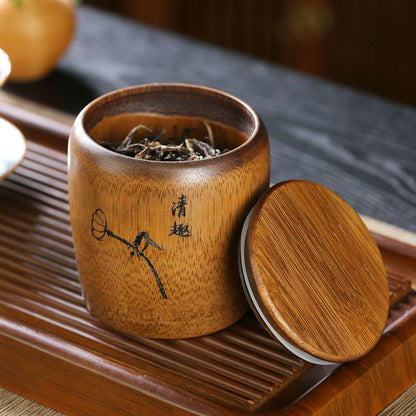 Bamboo Tea Canister 10.5cm Hand Carved Lotus Airtight Travel Caddy Jar