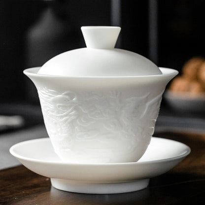 China Gaiwan Fat Mutton Jade Porcelain Handmade Tureen Ceramic Sancai Bowl Lid