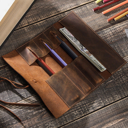 Handmade Cowhide Leather Pen Pouch Vintage Roll-up Pencil Case Bag Pen Curtain