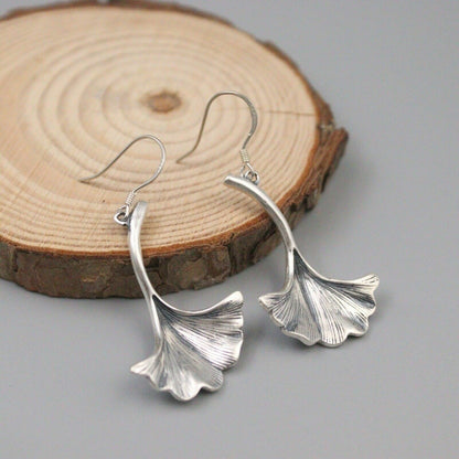 Pure S925 Sterling Silver Earrings Women Lucky Ginkgo Leaf Dangle Earrings Gift