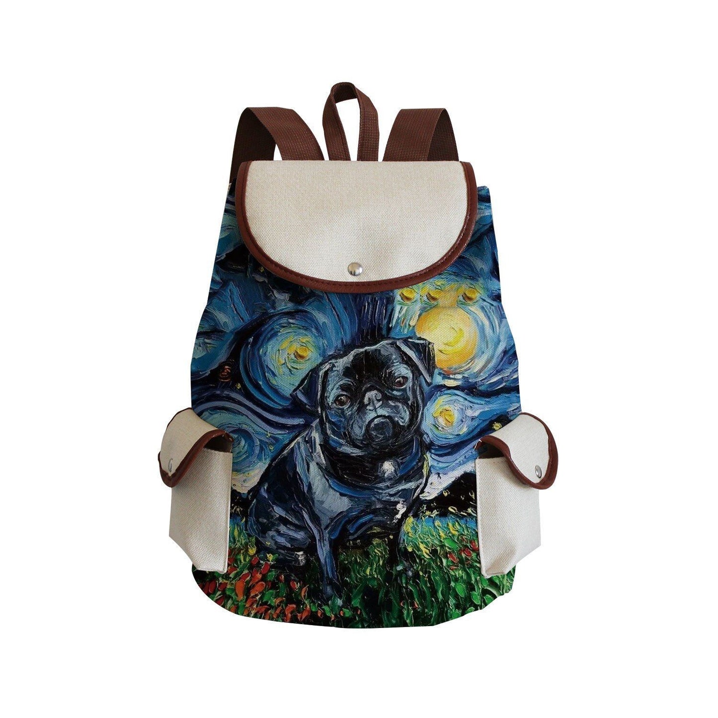 Dog Paw Print Backpack Drawstring Bags Linen Students Portable Cute Pug Printed
