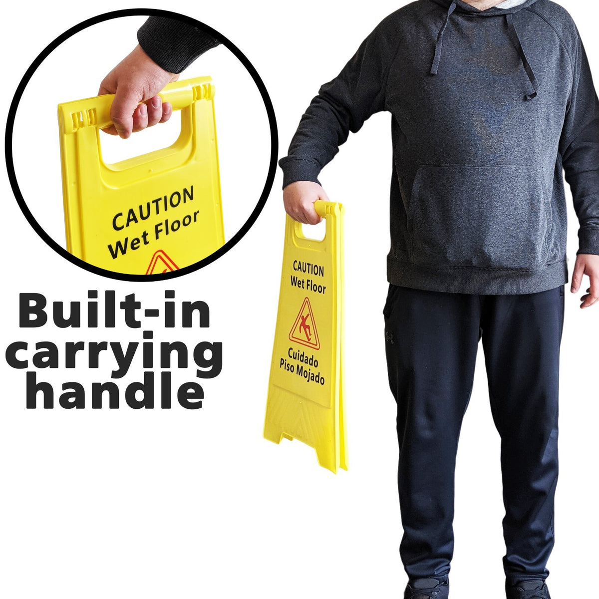 3 Pack CAUTION Wet Floor Signs Bilingual (Cuidado Piso Mojado), 2 Feet Tall