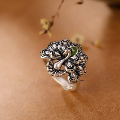 Natural Solid 925 Sterling Silver Jade Jasper Peacock Phoenix Women Lucky Ring