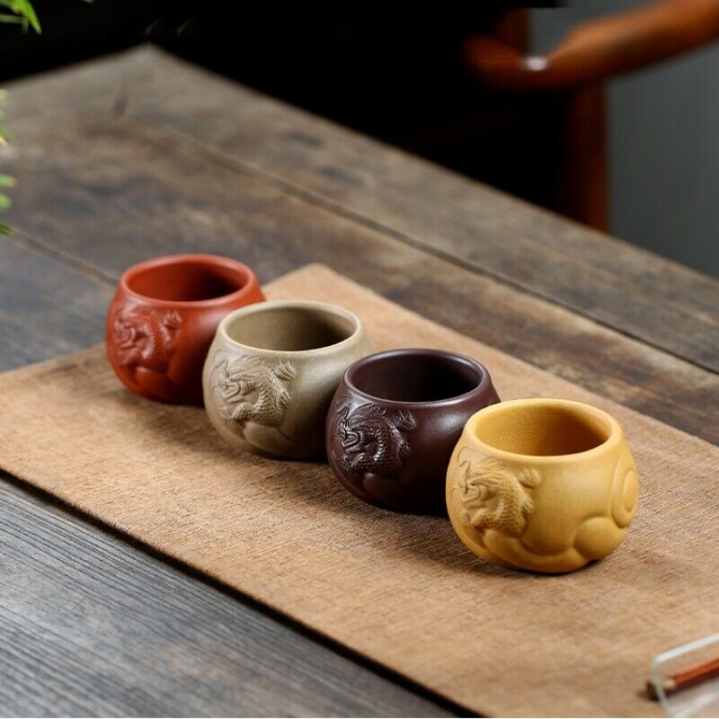 one cup true yixing zisha purple clay Chinese handmade dragon carved master cup