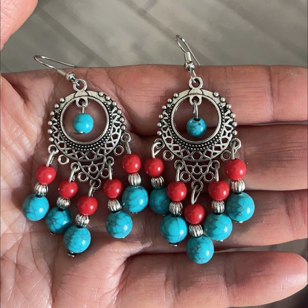 Exotic Ethnic Double Forehead Headpiece Set Tibetan Turquoise Necklace Earrings