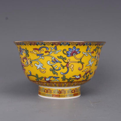 Chinese Qing Qianlong Famille Rose Porcelain Yellow Glaze Flowers Bowl