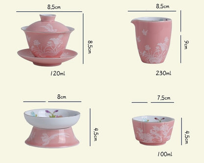 Chinese Tea Set Porcelain Tea Pot Floral Print Gaiwan Cup Pitcher Strainer New