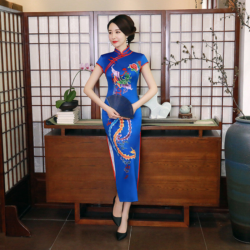 Chinese Traditional Cheongsam Women Silk Long Dress Prom Qipao Size M to 4XL
