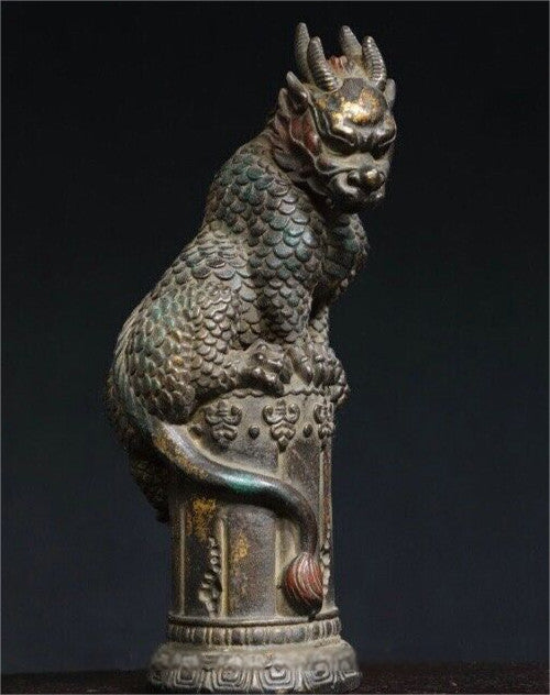9" Old Dynasty Copper Feng Shui Kylin Unicorn Qilin Chi-lin Dragon Beast Statue