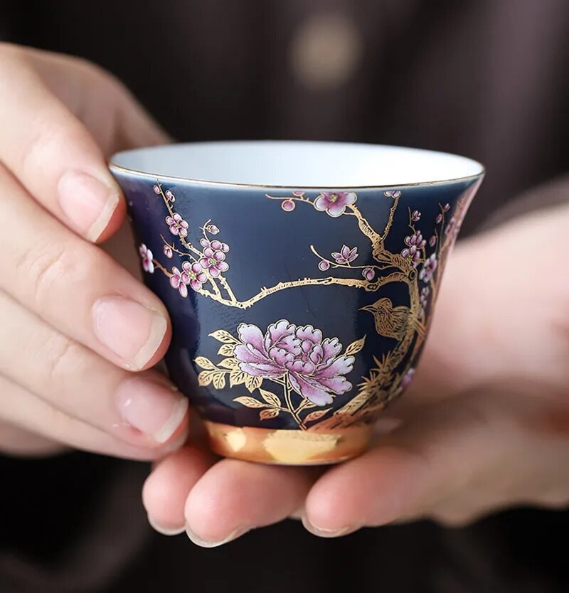 Enamel Pastrol Tea Cup Porcelain Carving Teacup Flower Bird Tea Master Cup