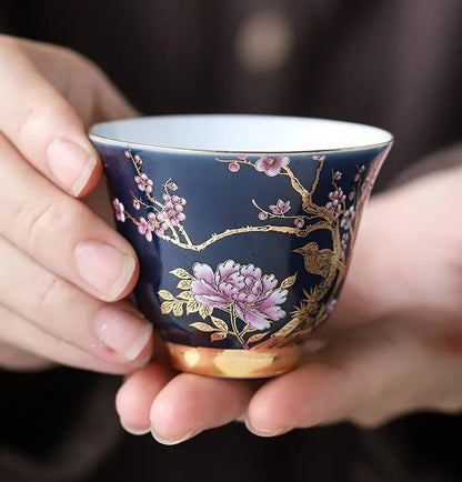 Enamel Pastrol Tea Cup Porcelain Carving Teacup Flower Bird Tea Master Cup