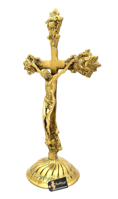 Brass Lord Jesus On Holy Cross Statue Figurine Standard, Antique Yellow 1 Piece