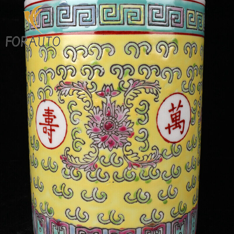 5.1" Chinese Famille Rose Porcelain Lotus Flower Branch Character 寿 Brush Pot