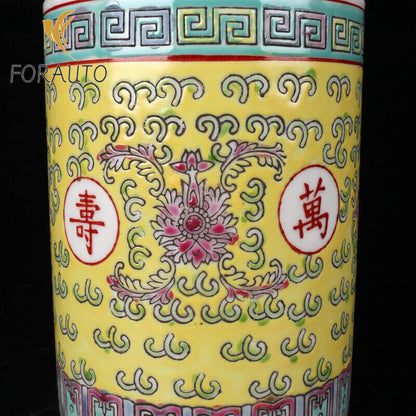 5.1" Chinese Famille Rose Porcelain Lotus Flower Branch Character 寿 Brush Pot