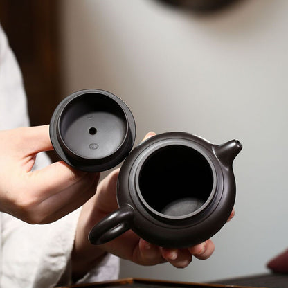True Yixing Zisha Zhu Black Clay Pot Marked Lotus Carved Handmade Master Tea Pot