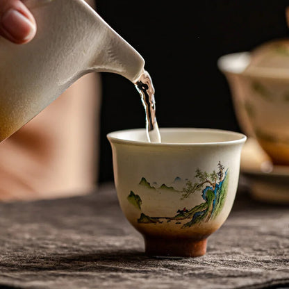 Chinese Retro Ceramic Teacup Handmade Tea Bowl Hand Painted Landscape Tea Cup
