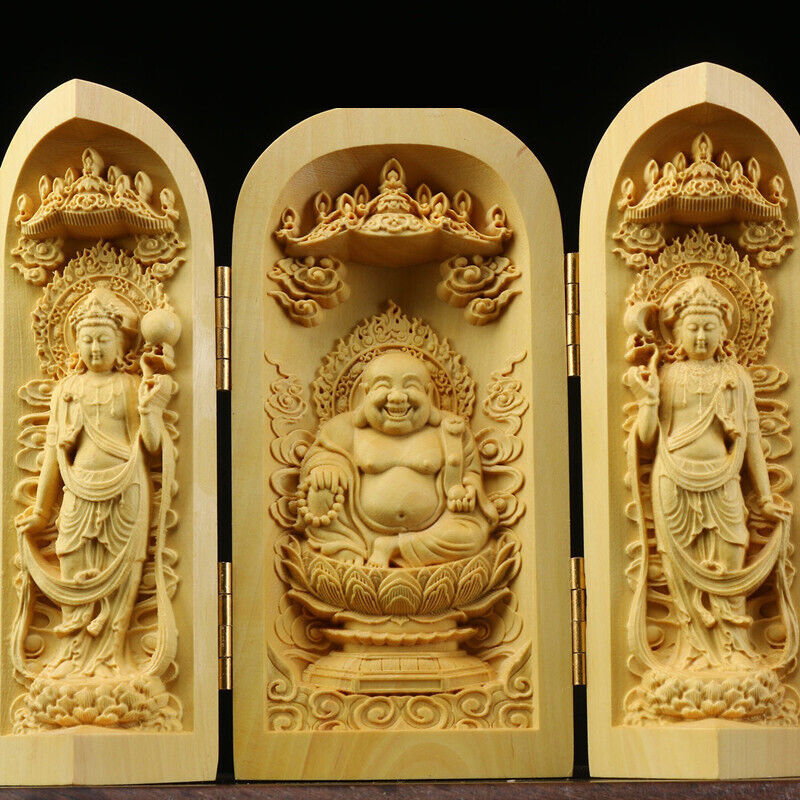 Buddha Statue Carved Wooden Sculpture Decor Three Open Box Home Ornaments NEW