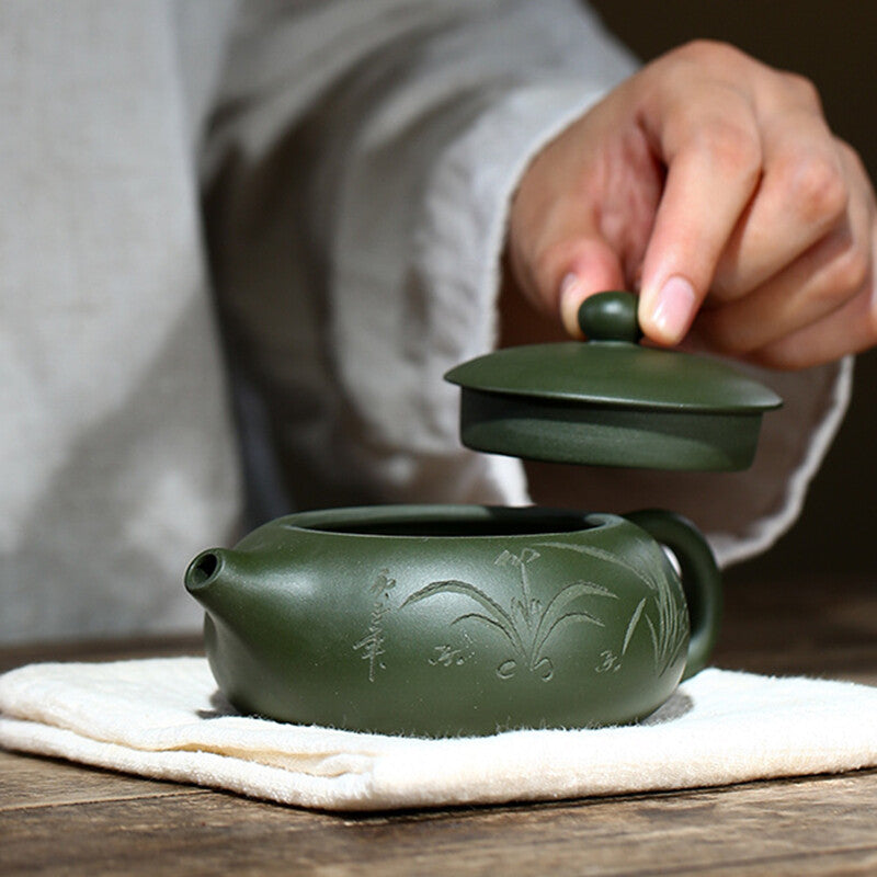 Flat Xishi Pot Marked Real Yixing Zisha Green Clay Tea Pot Chinese Kungfu Teapot