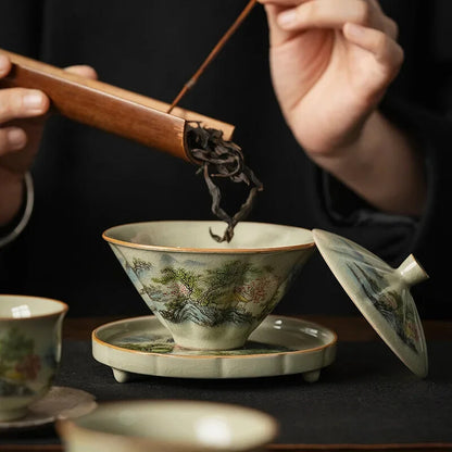 JingdezhenCeramic Tea Cup Bamboo Hat Traditional Handmade Tea Ware Sancai Gaiwan