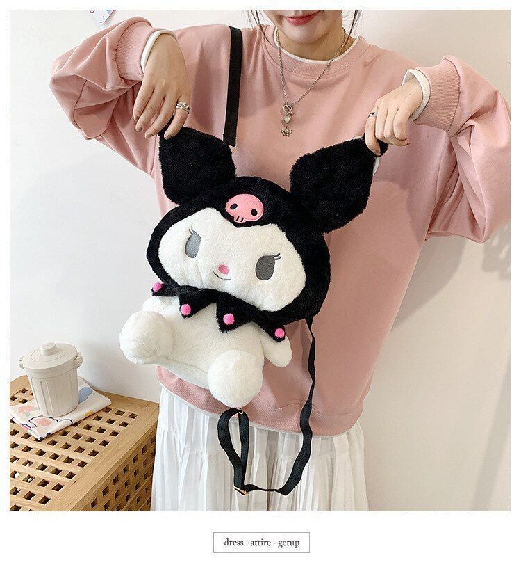Black Plush Doll Bag Women Cute Funny Backpack Flannel Soft Handle 20L Traveling