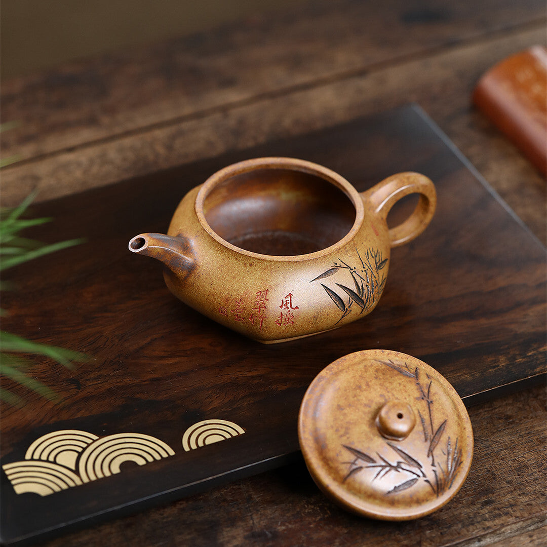 Chinese Tea Pot Bamboo Carved Handmade Pot 9 Infuser Hole Original Ore Duan Clay