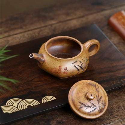 Chinese Tea Pot Bamboo Carved Handmade Pot 9 Infuser Hole Original Ore Duan Clay