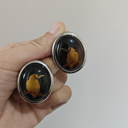 Handmade Lacquer Earrings Golden Bird Pattern New Chinese Minimalist Studs
