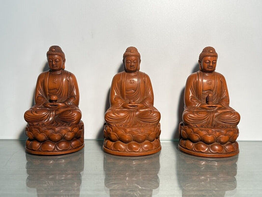 Chinese Vintage Boxwood Carved Three Buddha Statue Wooden Figure Sculpture Decor