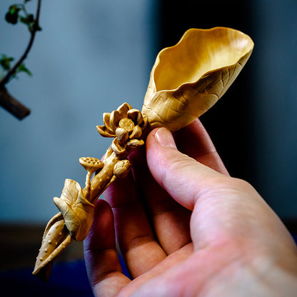 5.5 Inch Long Carved Boxwood Carving Lotus Tea Scoop Spoon